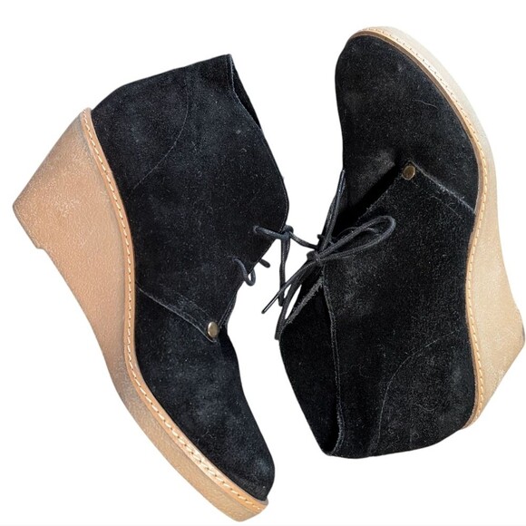 Lucky Brand June black leather suede lace up ankle bootie wedge washed casual - Picture 5 of 10